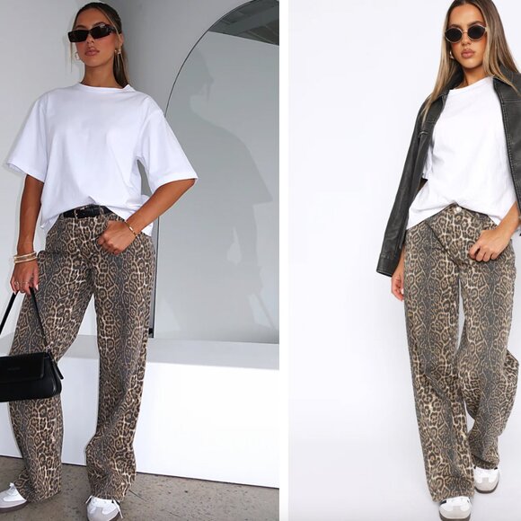 White Fox Stella Low Rise Wide Leg Jeans in Leopard - Picture 2 of 7